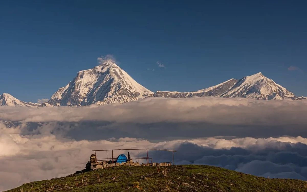 Camping above the clouds with Dhaulagiri view on the Annapurna Circuit