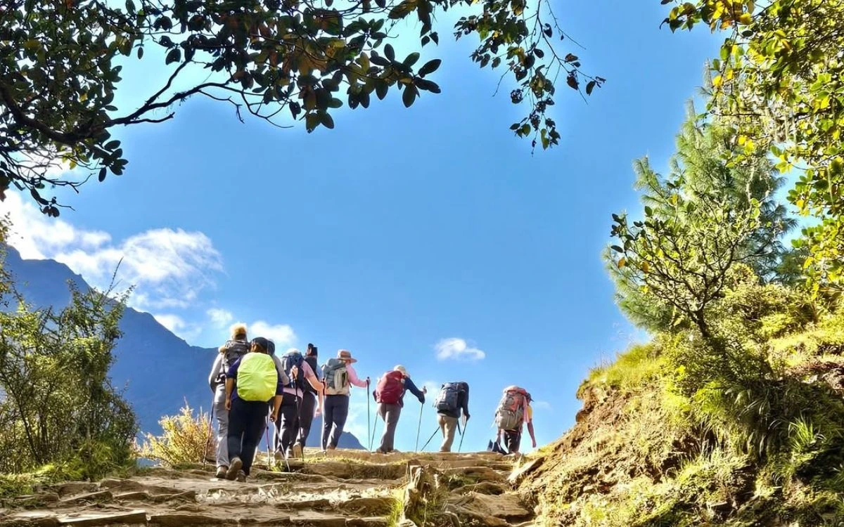 Trekkers hiking uphill on stone steps with mountains and blue sky in background