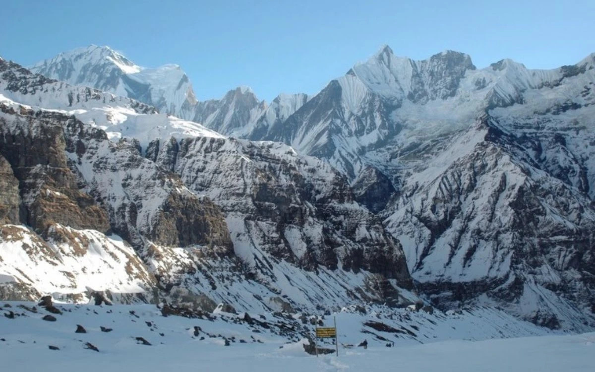 Snow-covered trail near Annapurna Base Camp showing trek difficulty and conditions