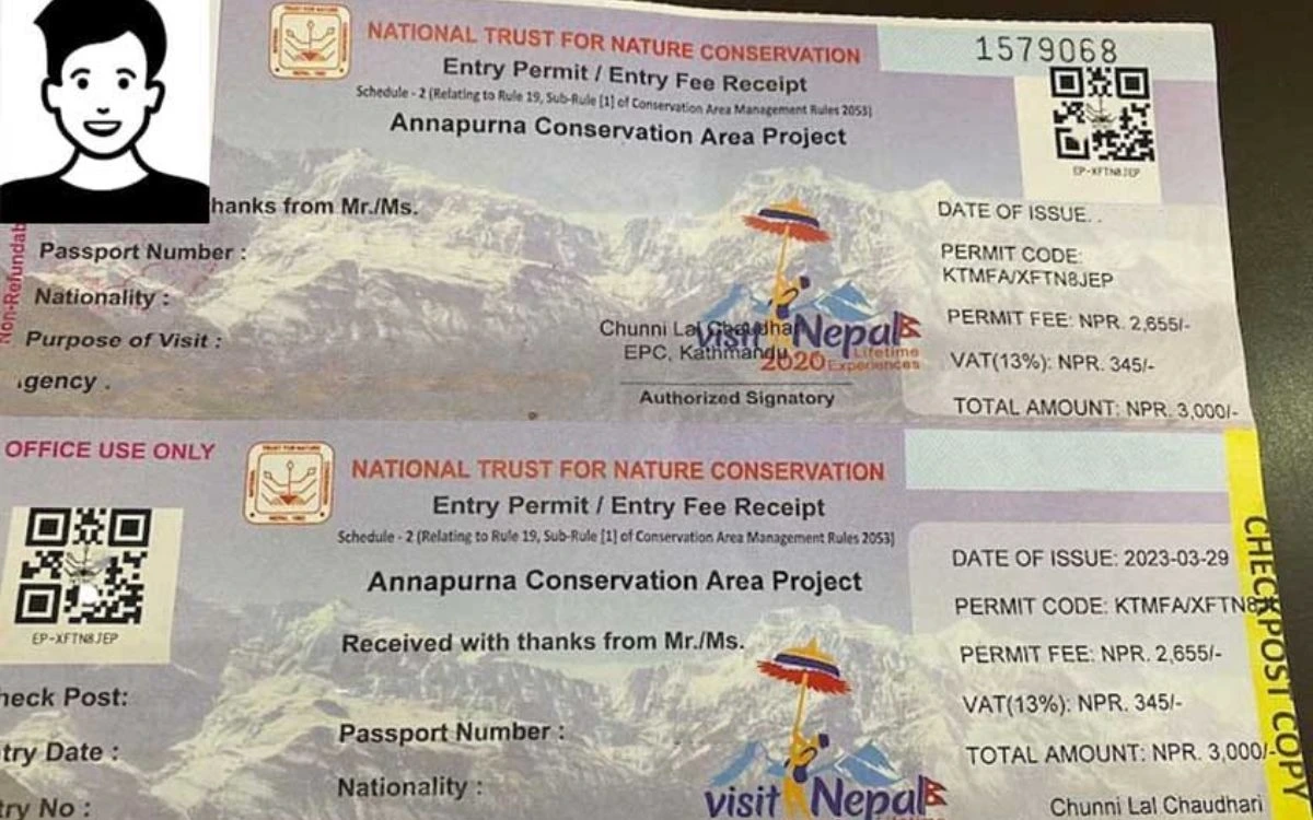 Annapurna Conservation Area Project ACAP entry permit with fee receipt and Himalayan peak background