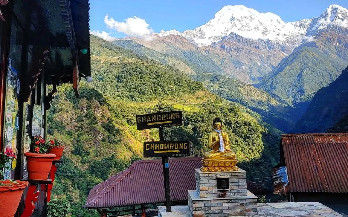 Ghandruk and Chhomrong trail signpost with a golden Buddha statue and Annapurna South behind