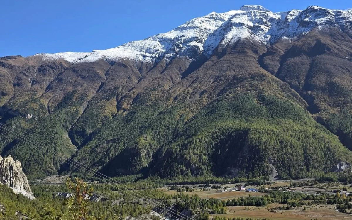 A sweeping Annapurna Circuit valley view with dense forest, a village, and a snow-capped peak above