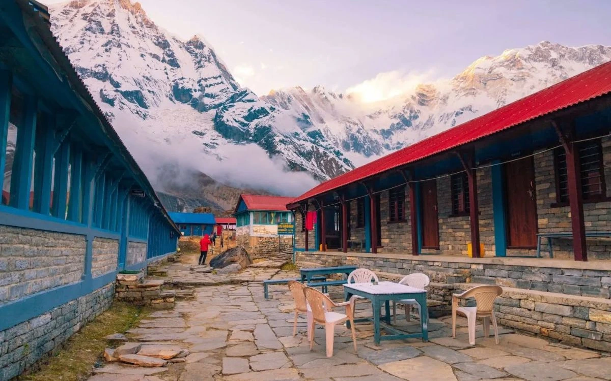 Stone-paved teahouse courtyard on the Annapurna Base Camp Trek for beginners