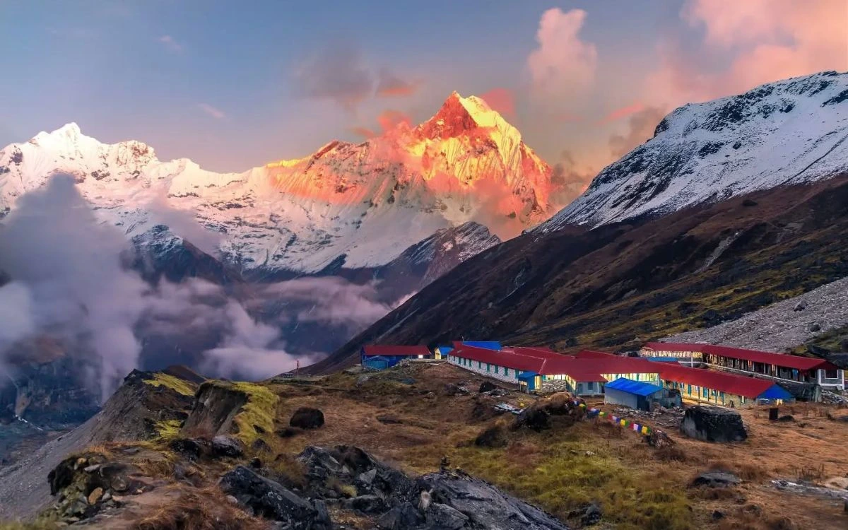 Sunset on Machapuchare above Annapurna Base Camp lodges