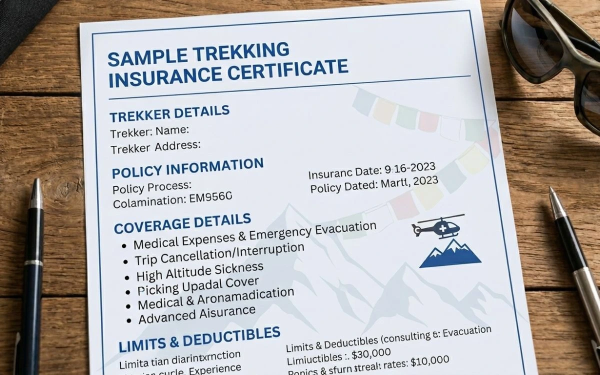 Sample photo of a trekking insurance document in Nepal