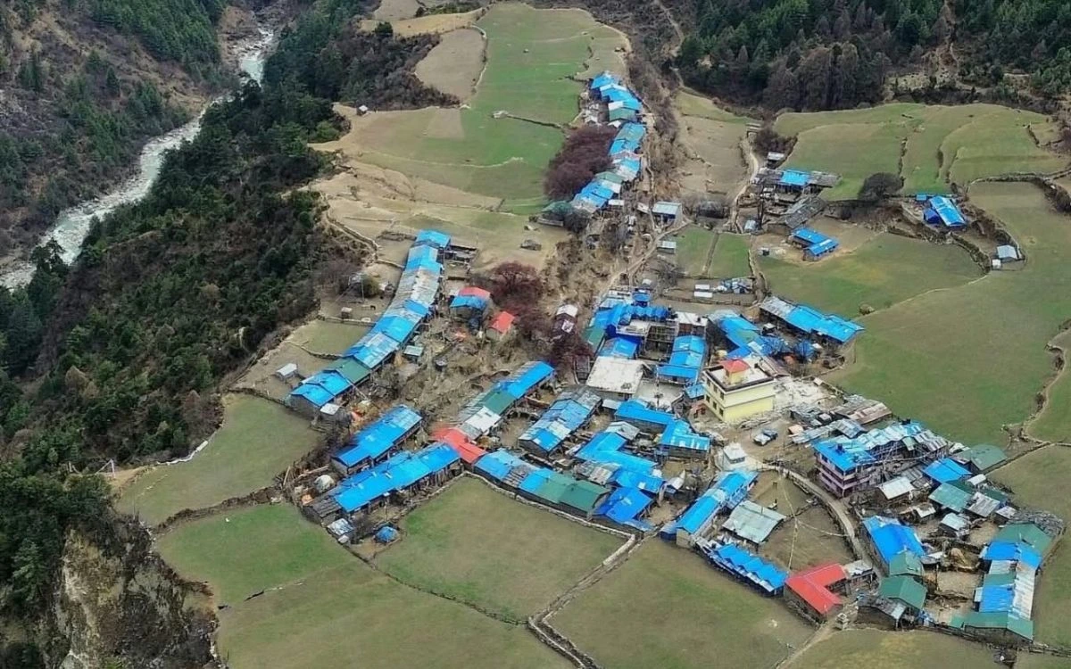 Aerial view of Lho village and river on the Manaslu Circuit Trek