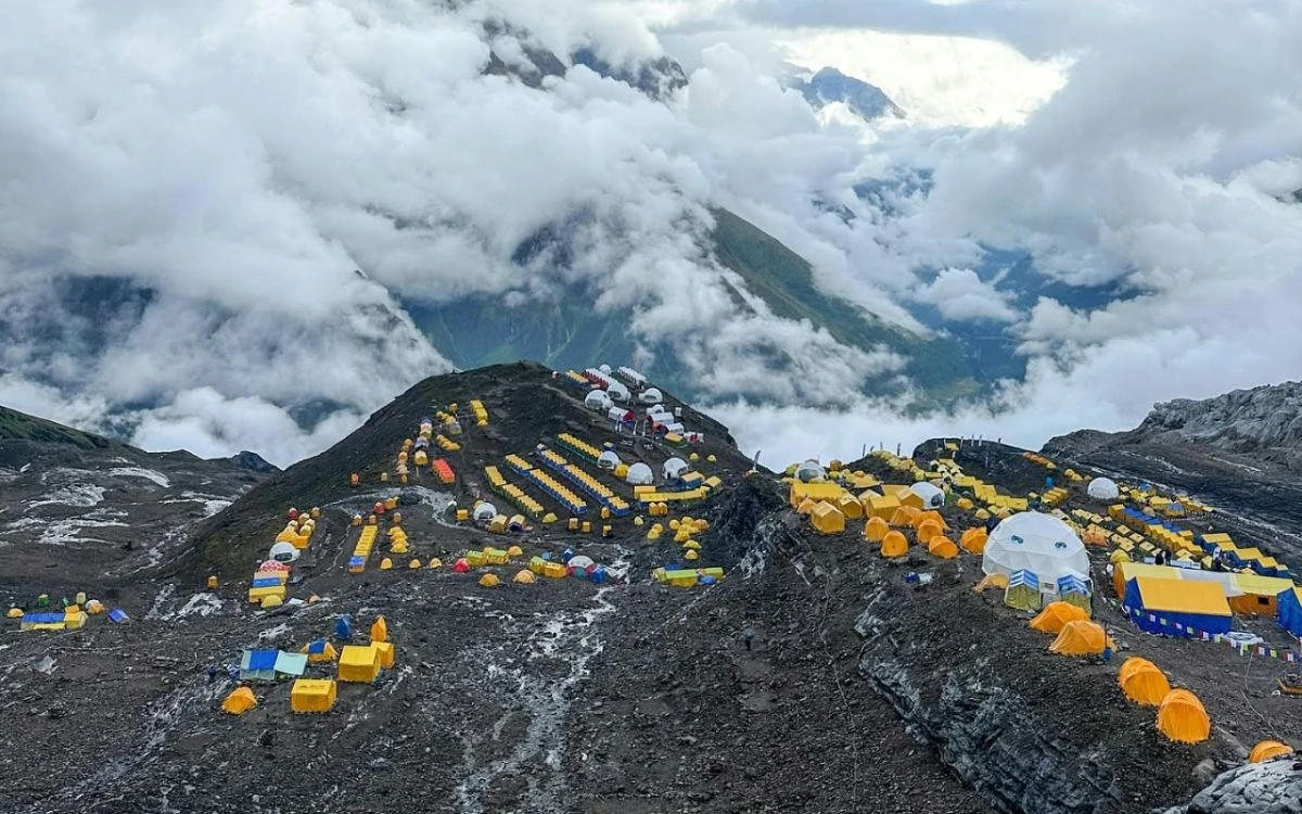 Tent camp at Manaslu Base Camp amid clouds