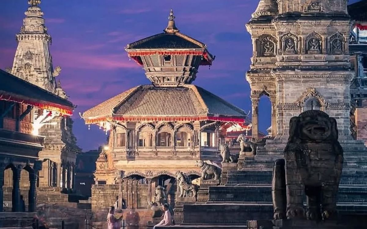 Bhaktapur Durbar Square evening view with Vatsala Durga Temple Pashupatinath Temple and 55 Window Palace