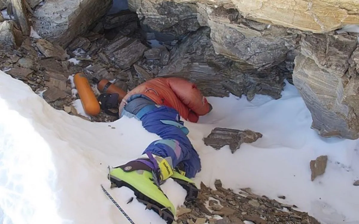 The famous 'Green Boots' body on Mount Everest - a deceased climber known for the distinctive bright green boots