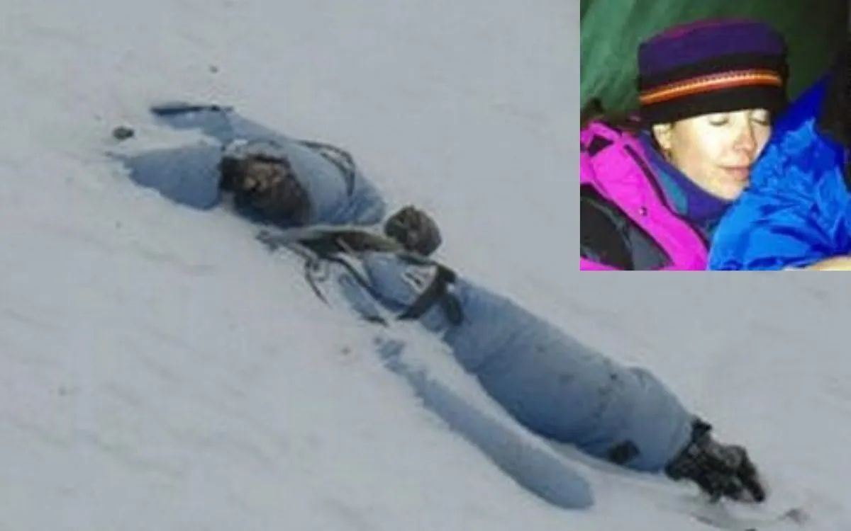 The 'Sleeping Beauty of Mount Everest' - Francys Arsentiev's preserved body, with inset photo of her when alive