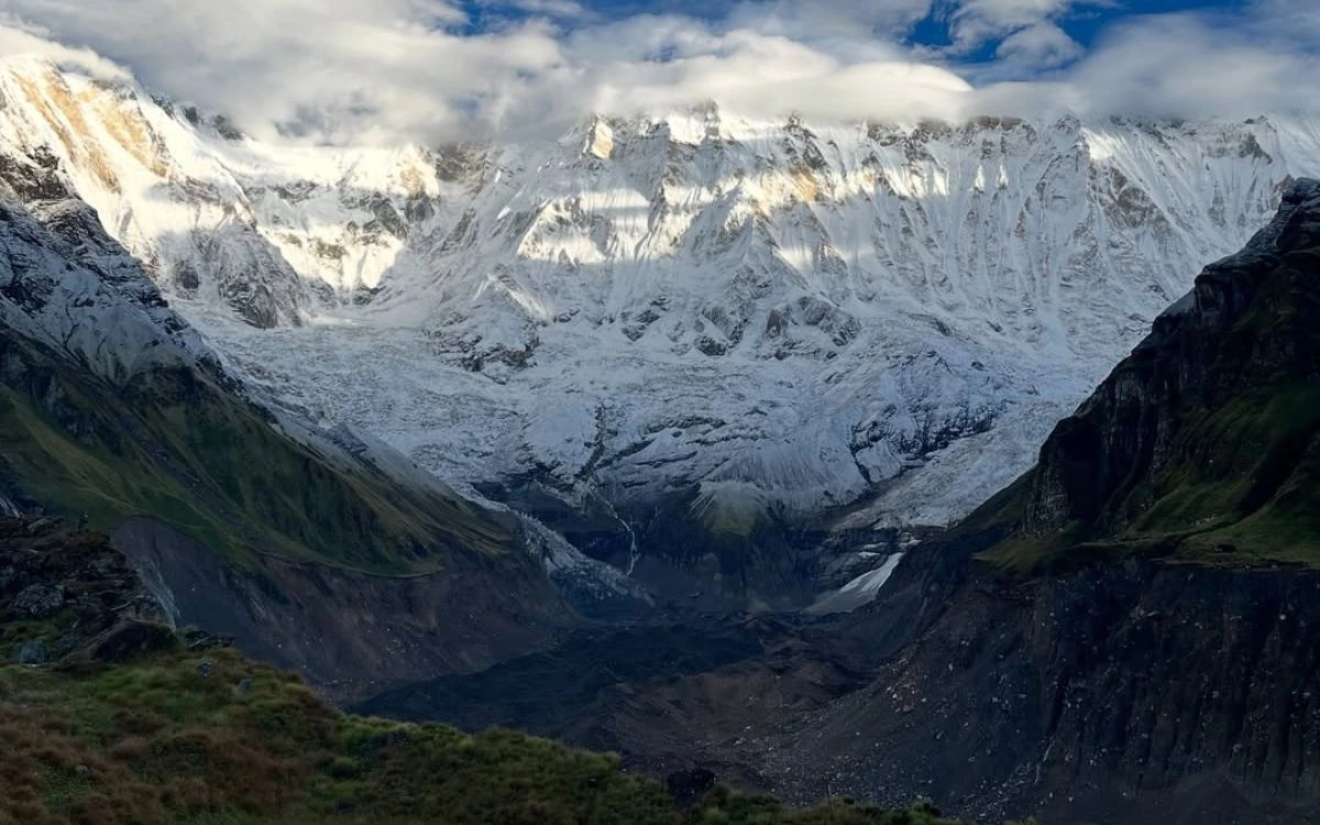 Annapurna Base Camp view with glacier and green valley Nepal Himalayas