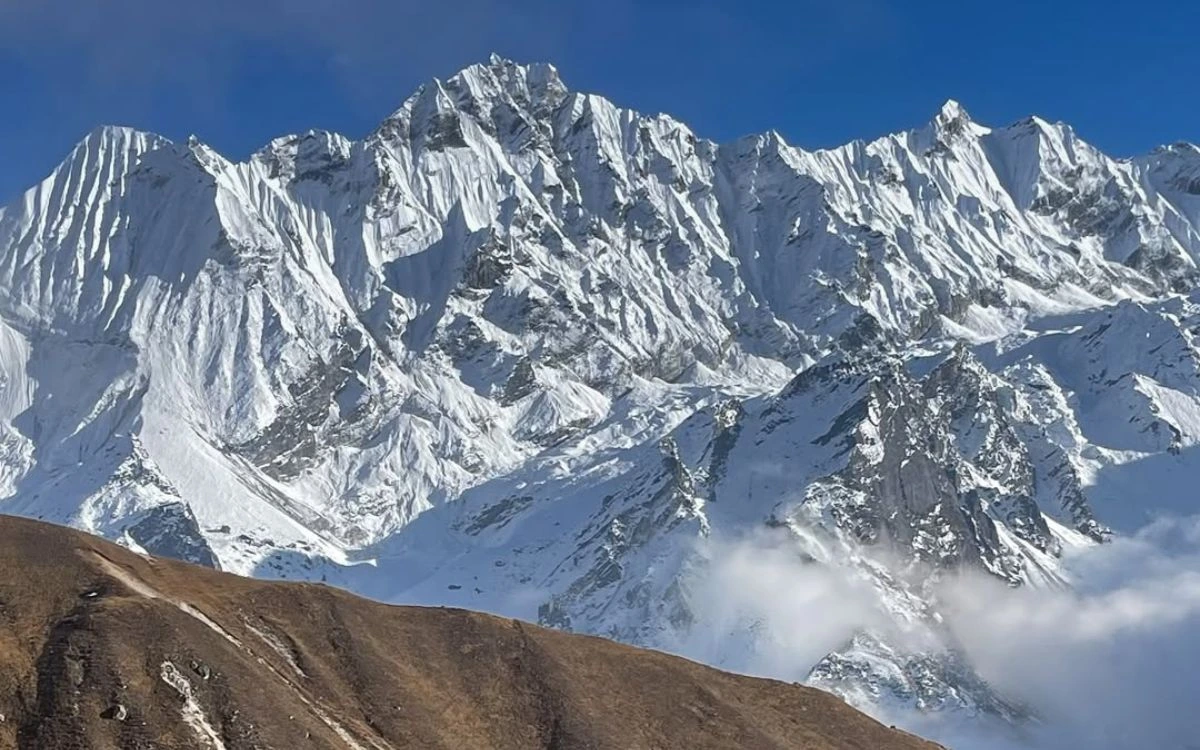 Langtang mountain range close-up view with dramatic ice formations Nepal