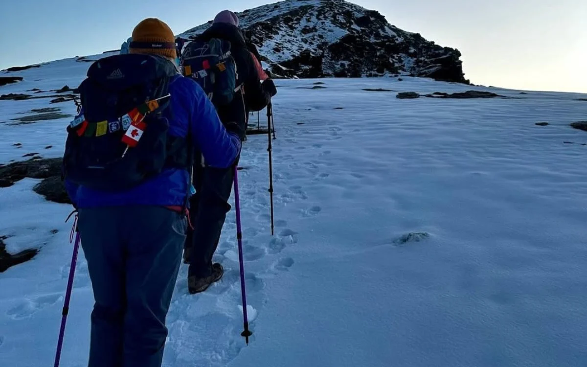 Pikey Peak trek climbers hiking on snow with trekking poles Nepal Himalayas