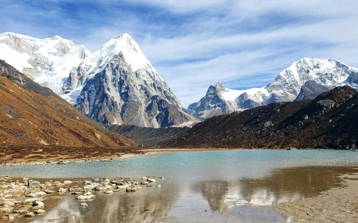 Turquoise glacial lake reflecting snow-capped Kanchenjunga peaks in a remote high-altitude valley