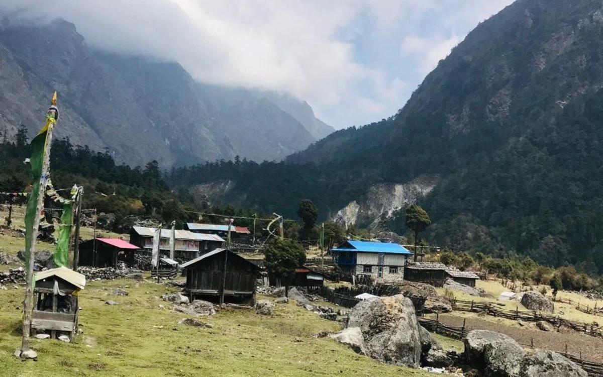Traditional teahouses and prayer flags in a forested village along the Kanchenjunga trek