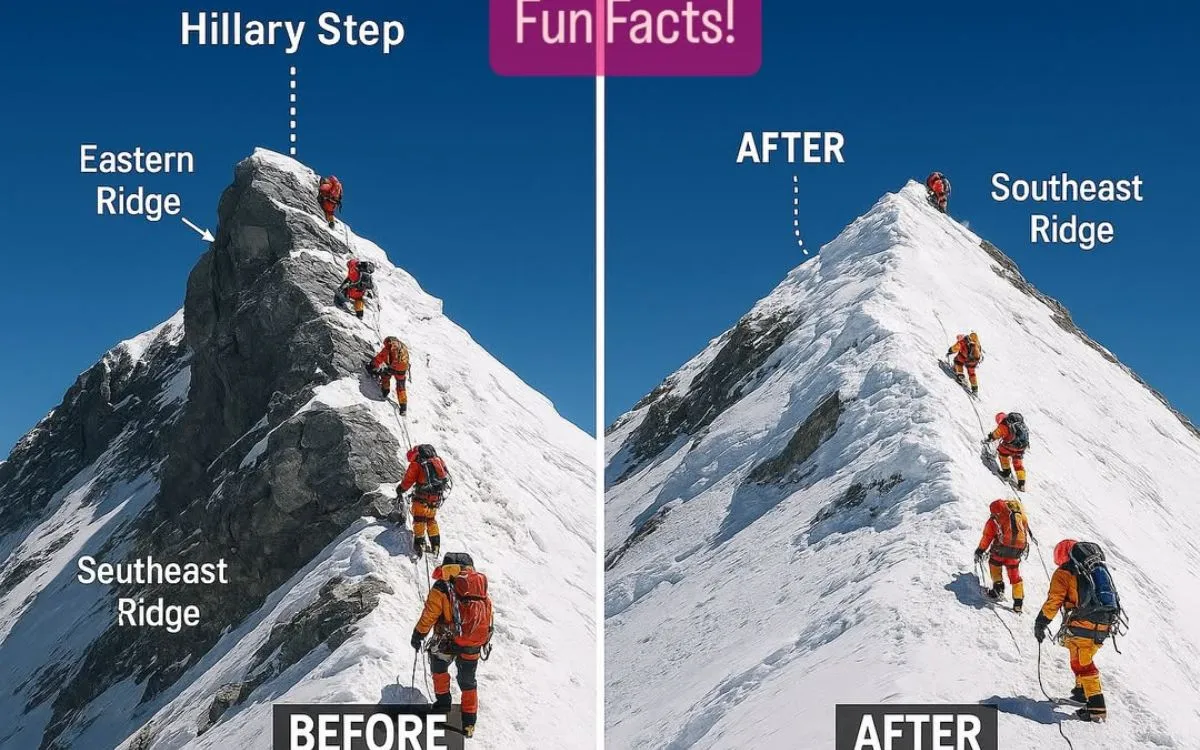 Before and after comparison showing Hillary Step route changes on Mount Everest Southeast Ridge climbing path
