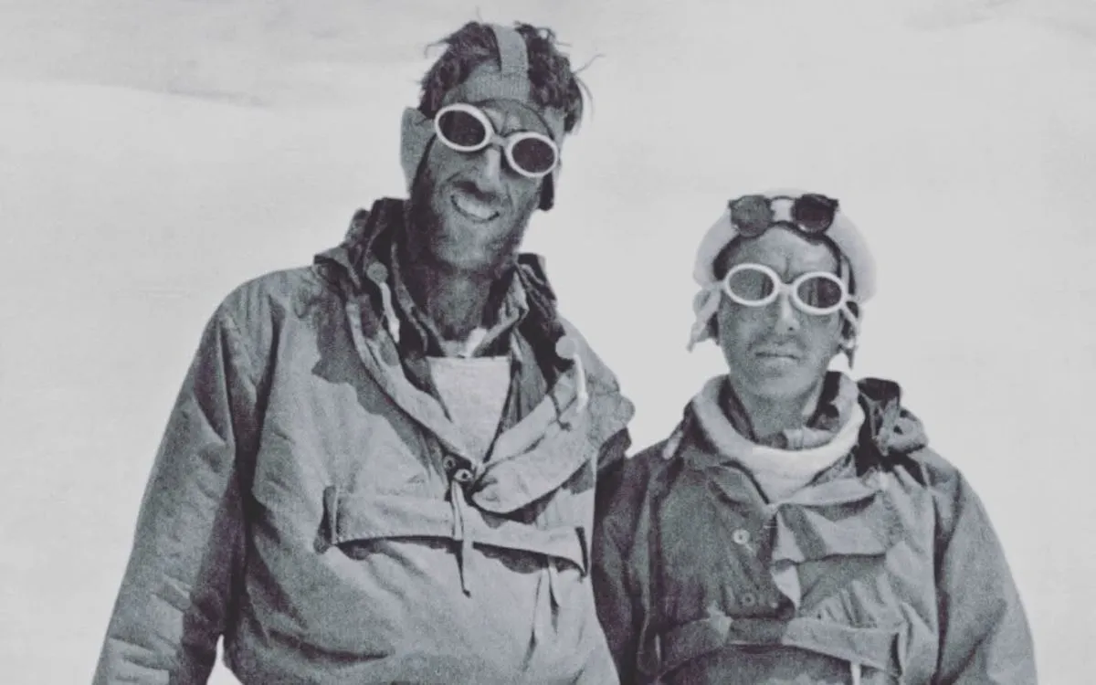 Historic black and white photo of Edmund Hillary and Tenzing Norgay, first climbers to summit Mount Everest in 1953