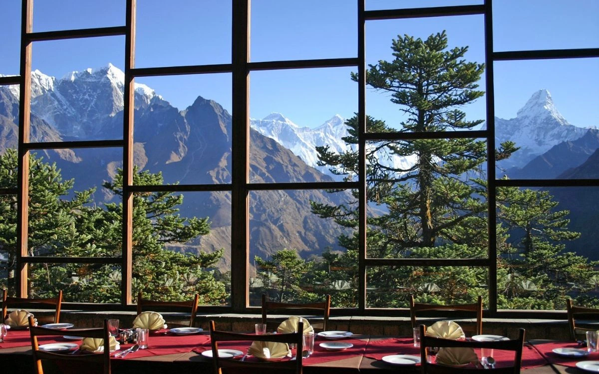 Hotel seating with panoramic Everest views at Hotel Everest View