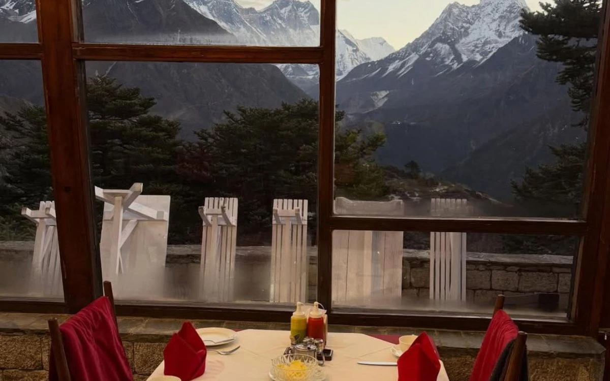 Dining table overlooking Everest and Ama Dablam from Hotel Everest View