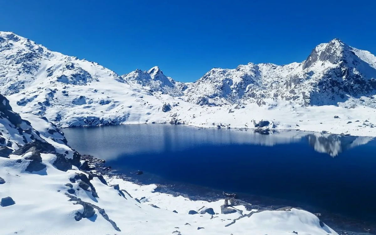 Snow-covered mountains surrounding a still glacial lake in Nepal