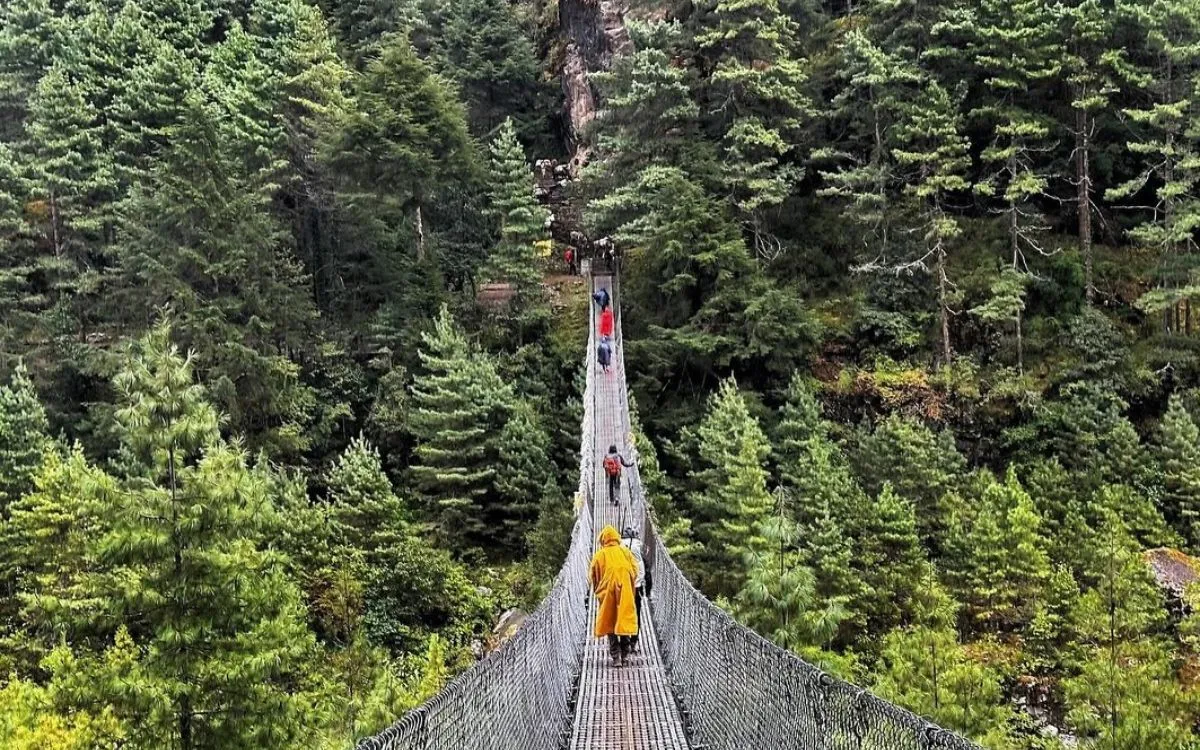 Hikers crossing a suspension bridge over a forested valley in Nepal.