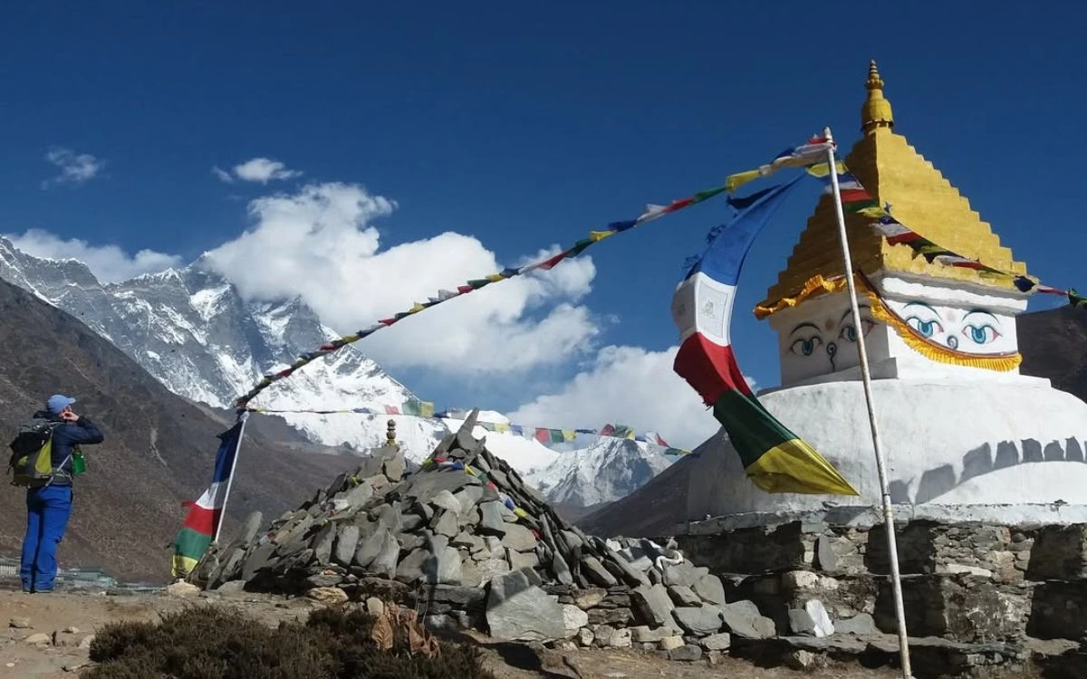 Buddhist stupa with prayer flags on Everest Base Camp trek Nepal