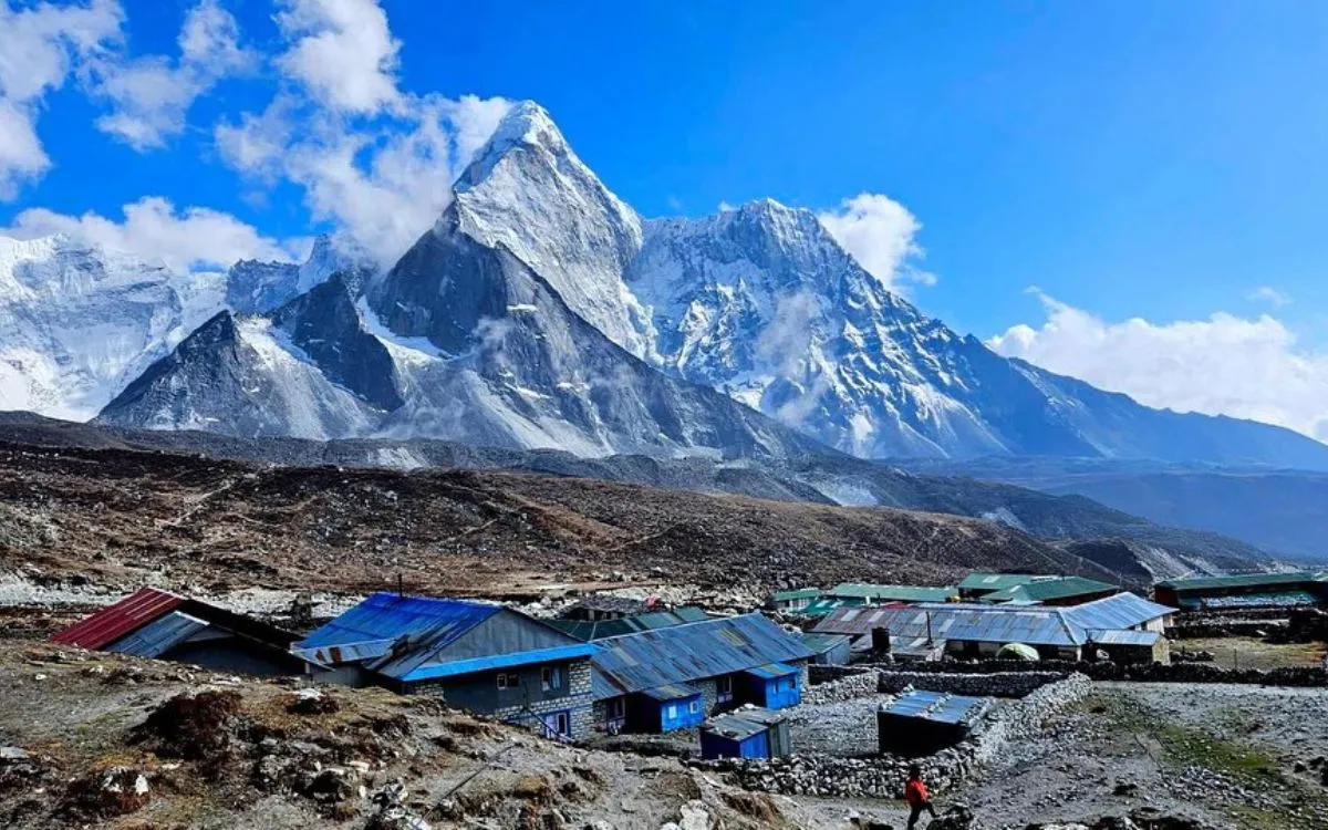 Colorful tea houses and lodges in Khumbu Valley with snow-capped mountains