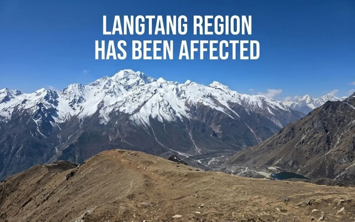 Langtang region mountains with text "Langtang region has been affected" after the Nepal flood