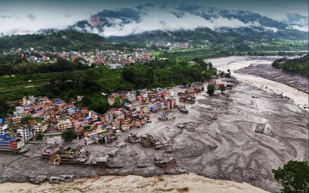 Mud and debris covering a Nepal town after the August 2026 flash flood