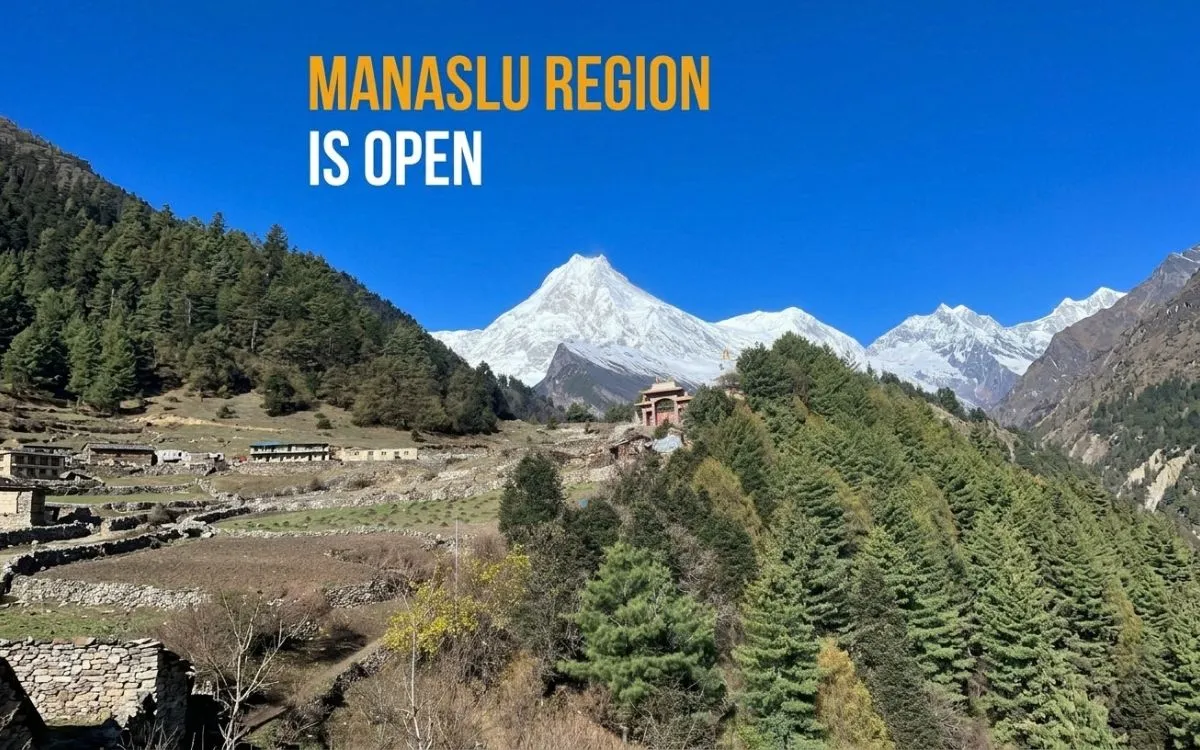 Manaslu region open for trekking after the flood, with snow peaks and a village