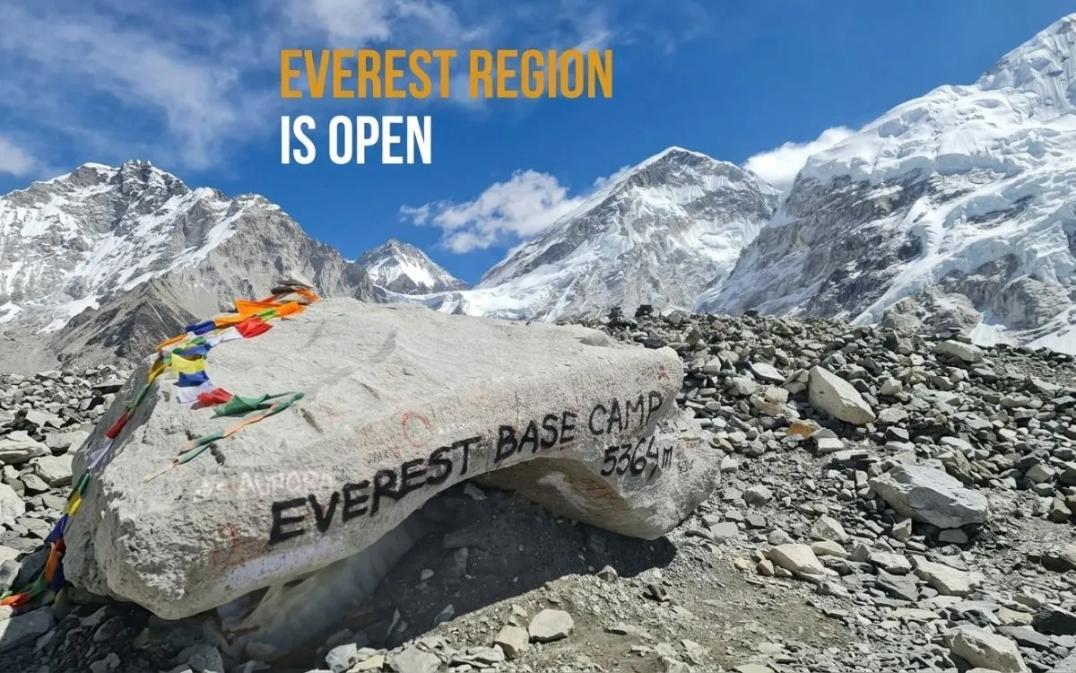 Everest Base Camp rock marker, showing the Everest region open for trekking after the flood