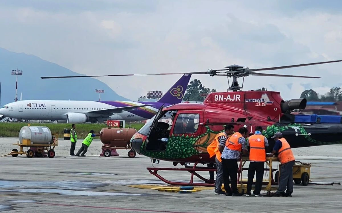 Rescue helicopter being prepared at Kathmandu airport for a Nepal trek