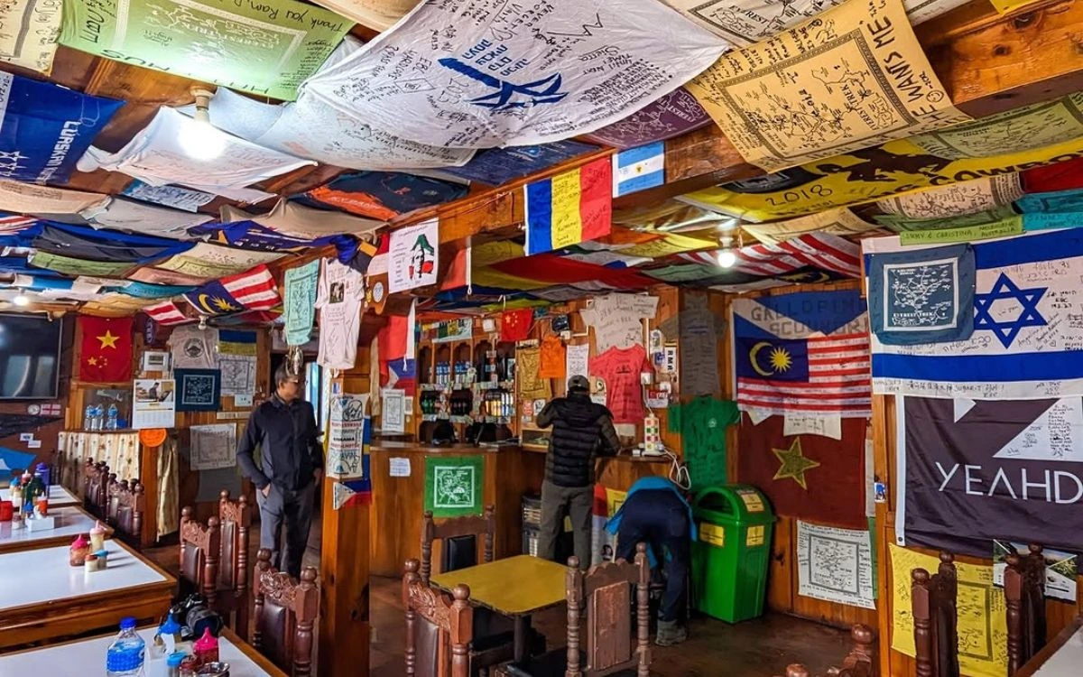 Teahouse interior decorated with trekker flags and signatures