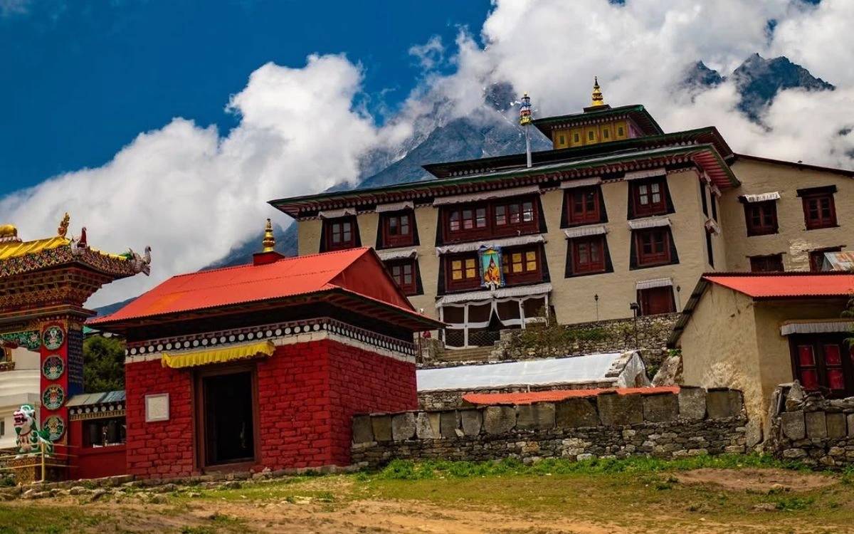 Tengboche Monastery with clouds rolling over the Himalayan peaks