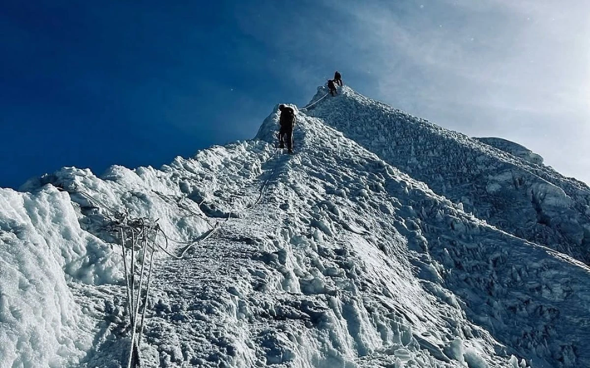 Climbers nearing the summit ridge of Island Peak