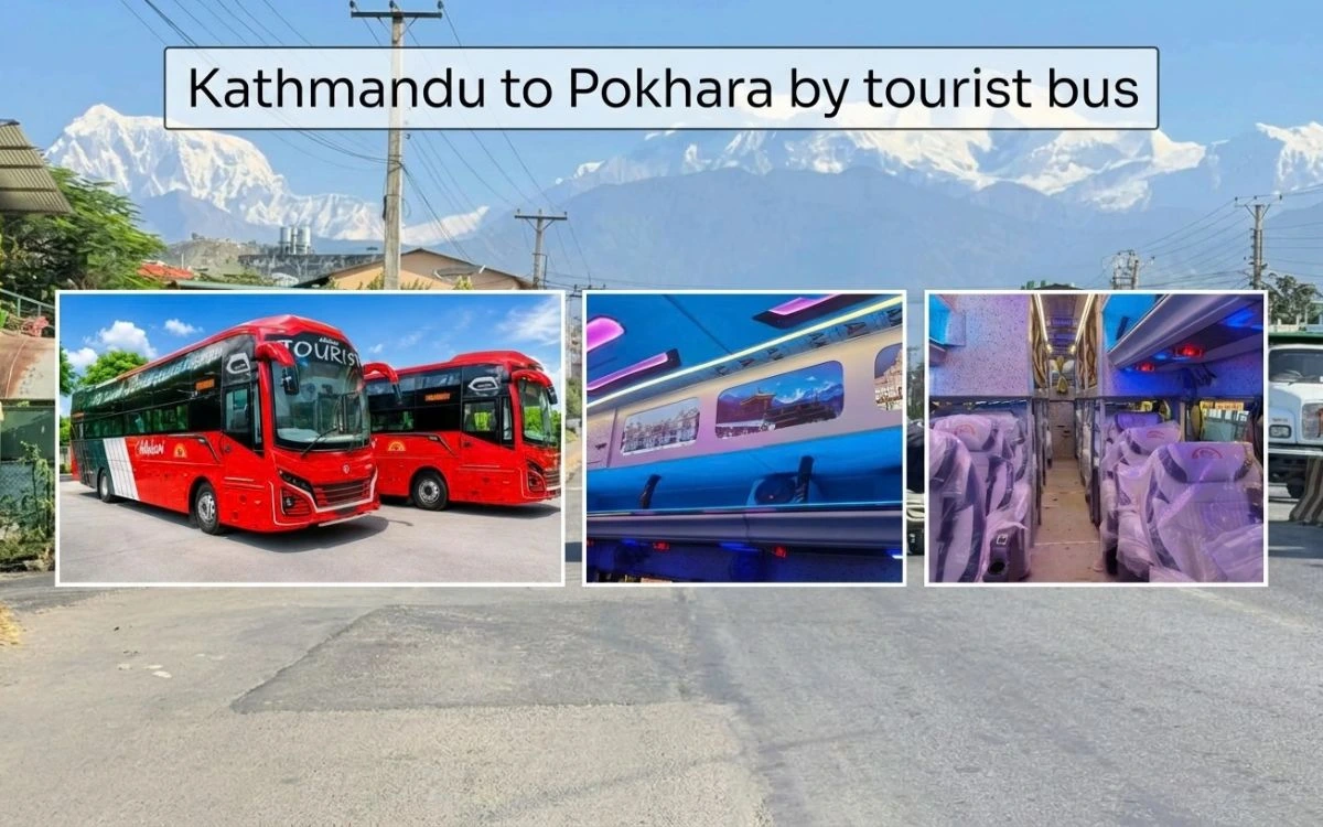 Tourist buses and their interior seating for the Kathmandu to Pokhara route
