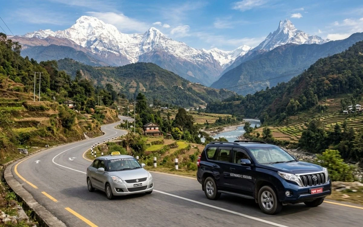 Private car and jeep driving the Kathmandu to Pokhara highway with Annapurna mountains in view