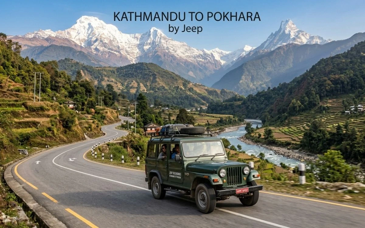 Jeep driving the Kathmandu to Pokhara highway beside a mountain river