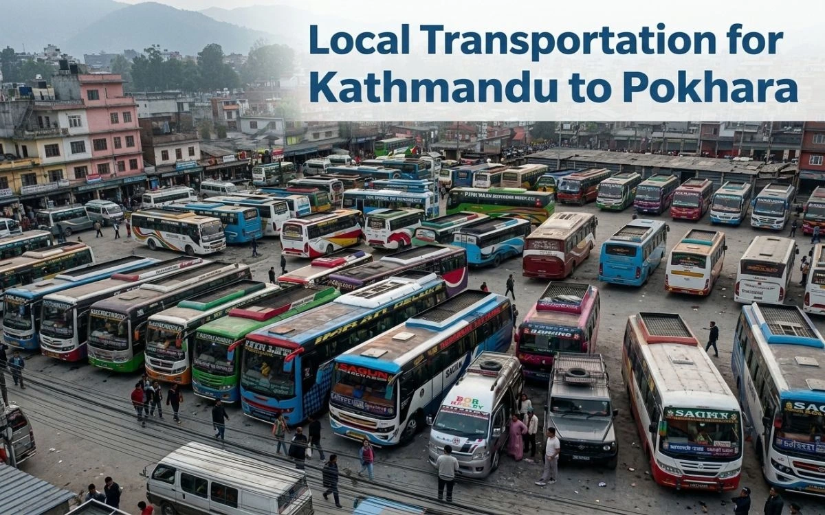 Local buses parked at a Kathmandu bus station for travel to Pokhara