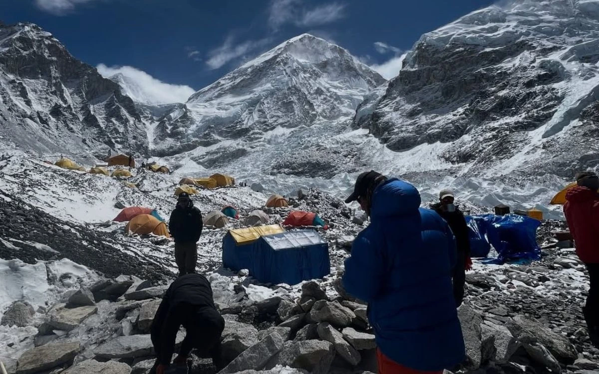 Climbers resting among tents at Camp 1 above the Khumbu Icefall on Everest