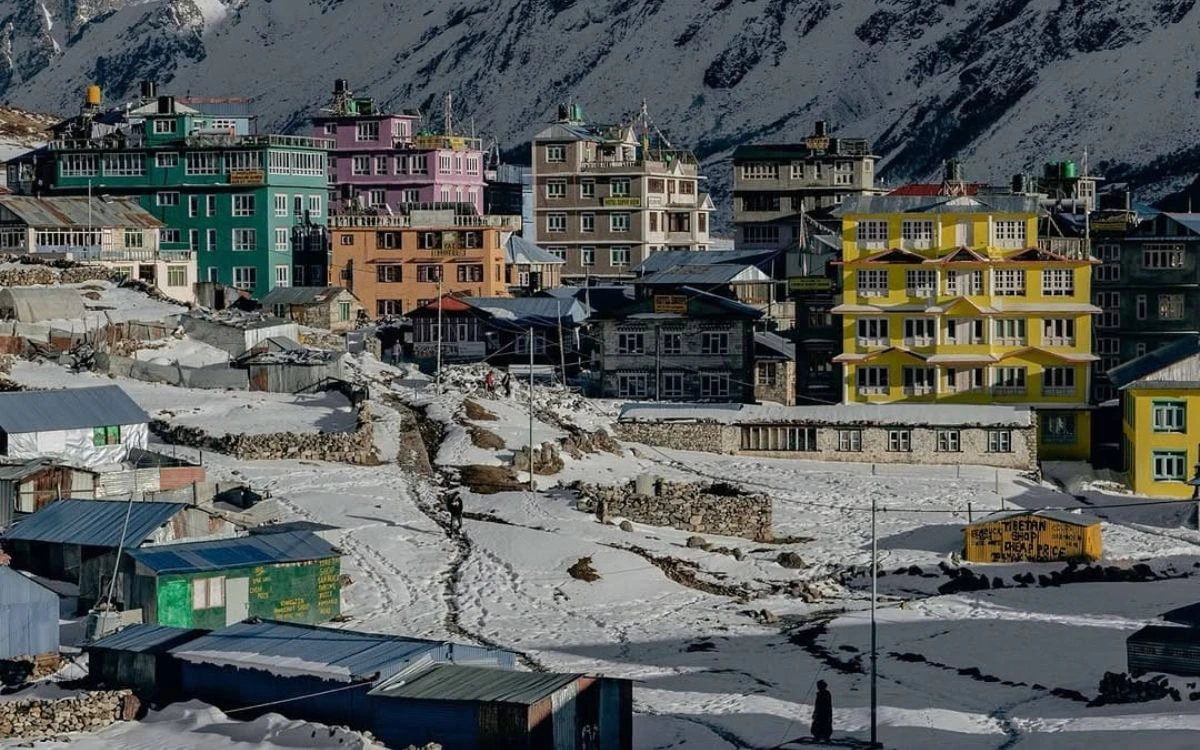 Colorful rebuilt teahouses and lodges in Langtang Village surrounded by snow and mountains