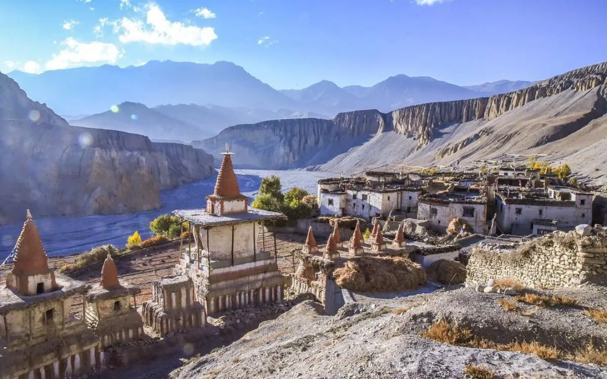 Ancient Buddhist stupas and ruins in Upper Mustang with dramatic canyon landscape