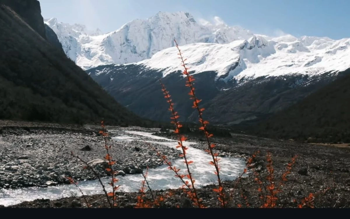 Budhi Gandaki River flowing through valley with snow-capped Manaslu range