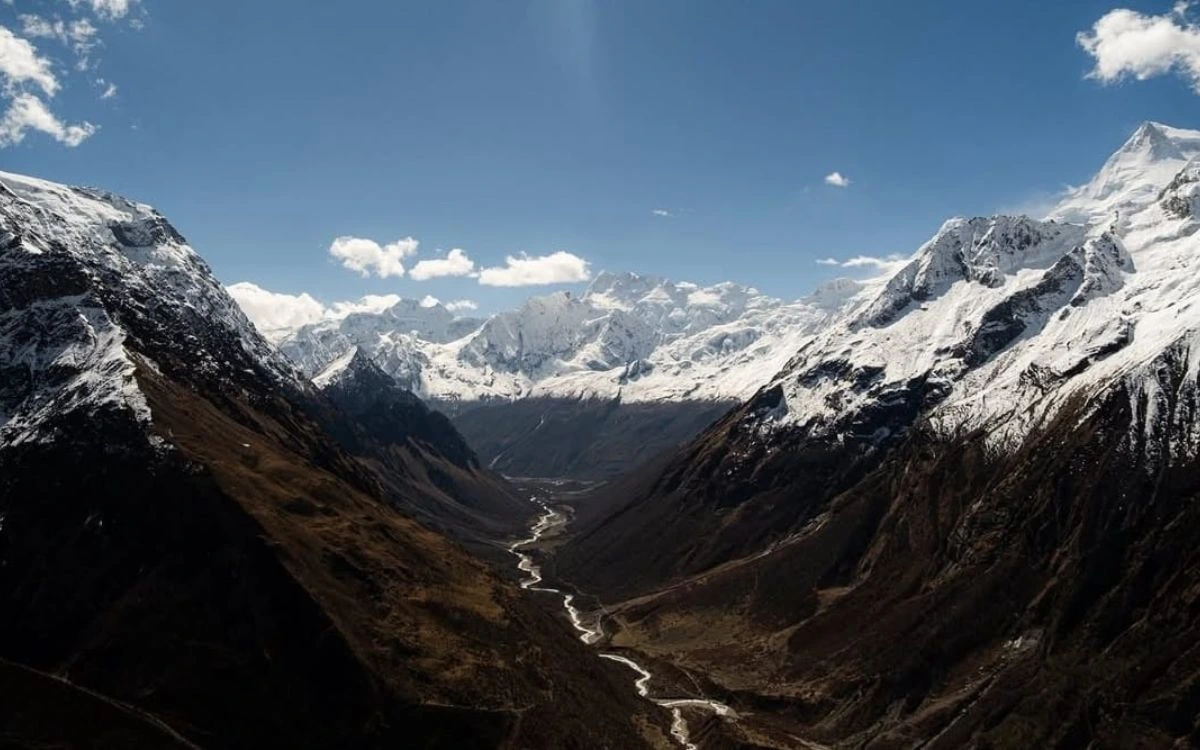 Panoramic view of snow-capped Himalayan peaks with river valley in Manaslu region
