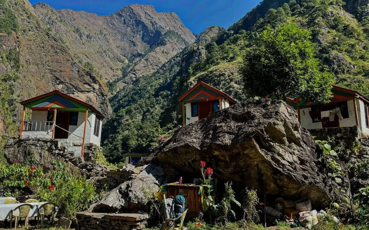 Traditional teahouse lodges built on rocky terrain in the Manaslu region
