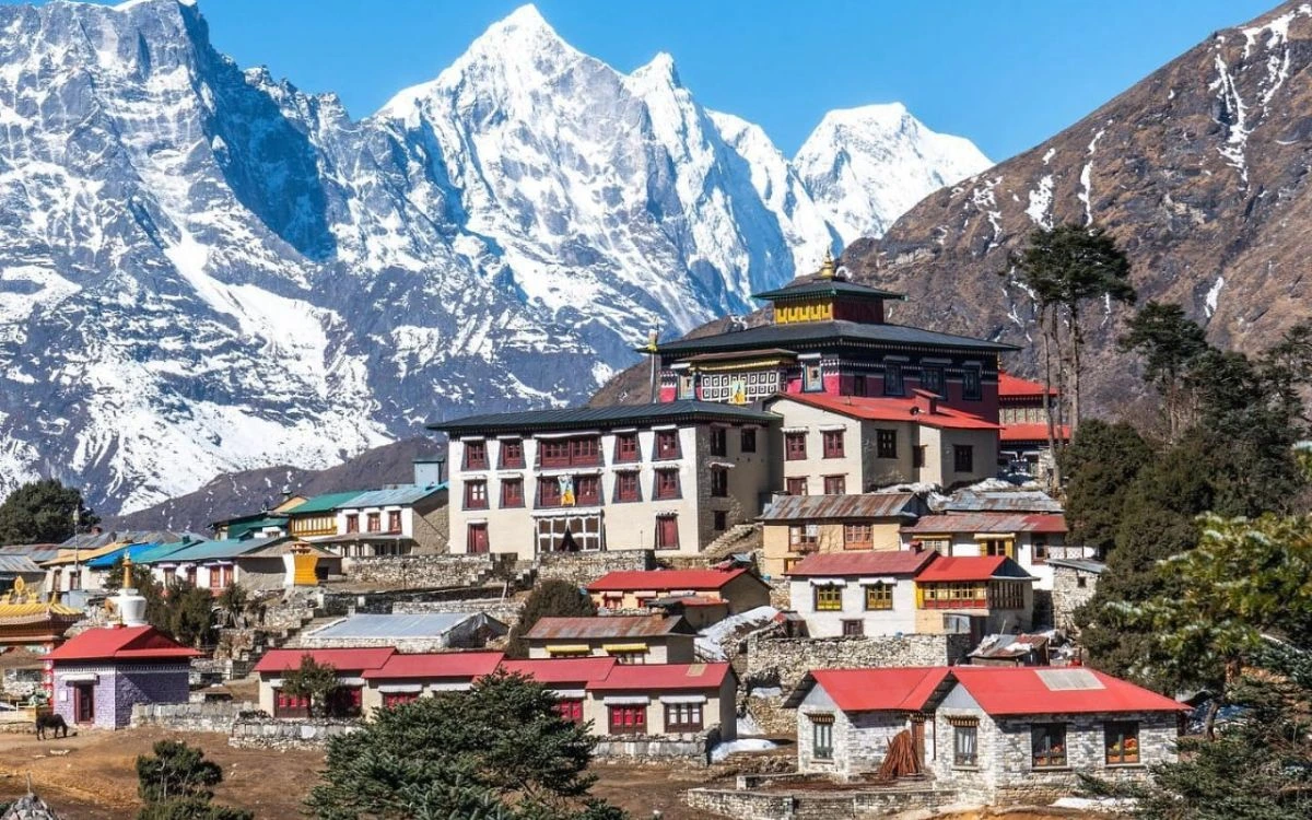 Tengboche Monastery below snow-capped Himalayan peaks