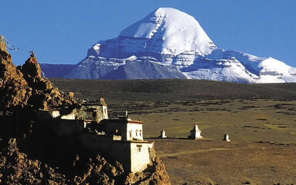 Mount Kailash rising above a monastery on the Tibetan plateau