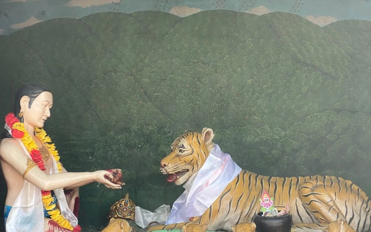 King offering body to tigress sculpture at Namobuddha monastery Nepal