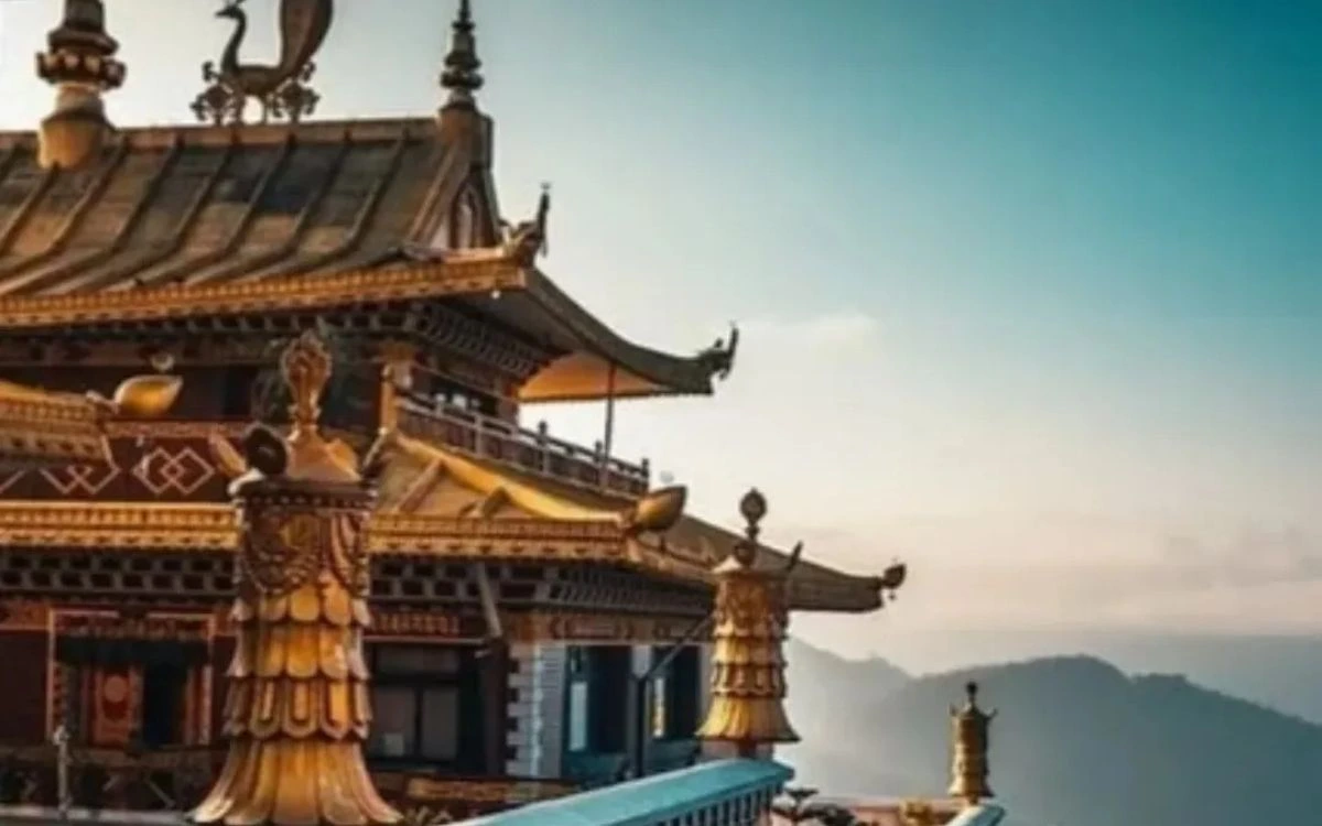 Traditional Tibetan architecture golden rooftop at Namobuddha temple