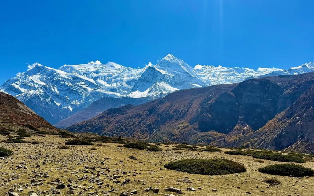 Snow-capped Himalayan peaks rising above a rocky alpine valley under clear blue sky